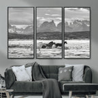 Wild Horses Wall Art | Framed Black White Mountain Canvas