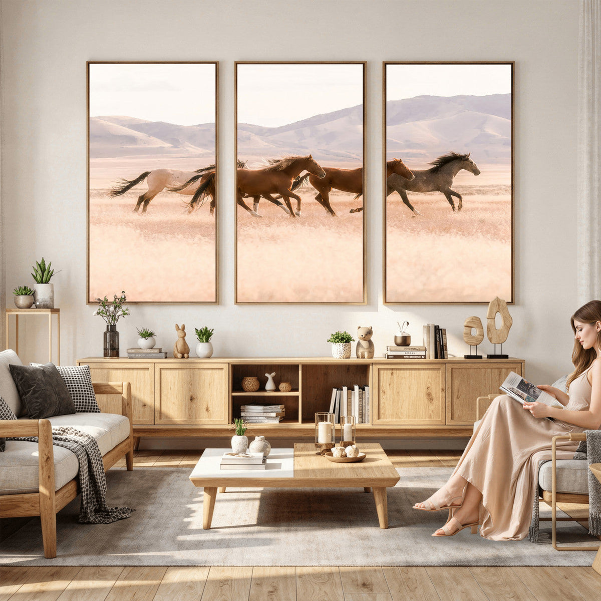 Wild Horse Wall Art Canvas Print, Framed Rustic Western Art, Desert Horse Scene