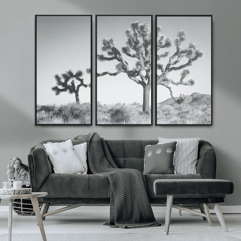 Joshua Tree Wall Art Canvas Print, Framed Black and White Desert Landscape Artwork