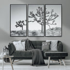 Joshua Tree Wall Art Canvas Print, Framed Black and White Desert Landscape Artwork