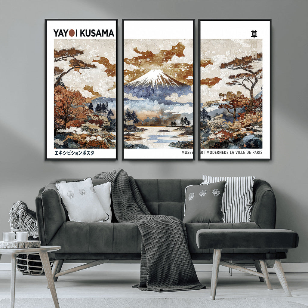 Modern Japanese Wall Art Canvas Print, Framed Abstract Mount Fuji Landscape, Yayoi Kusama Canvas Wall Art