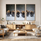 Bison Herd Wall Art Canvas Print, Framed Rustic Wildlife Decor, Snowy Bison Landscape