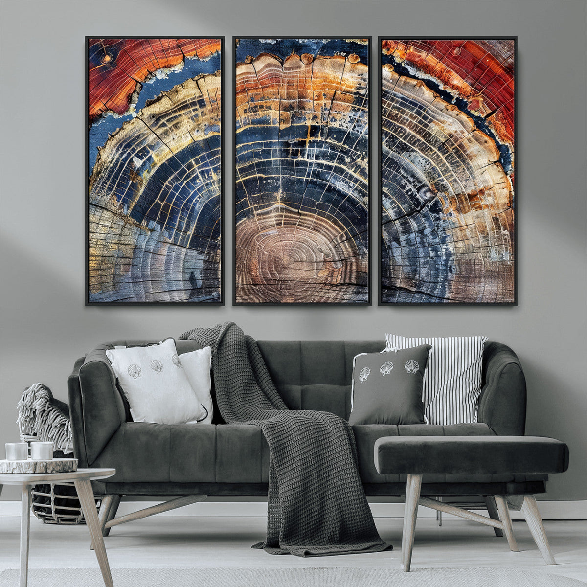 Tree Rings Wall Art Canvas Print, Framed Petrified Wood Modern Rustic
