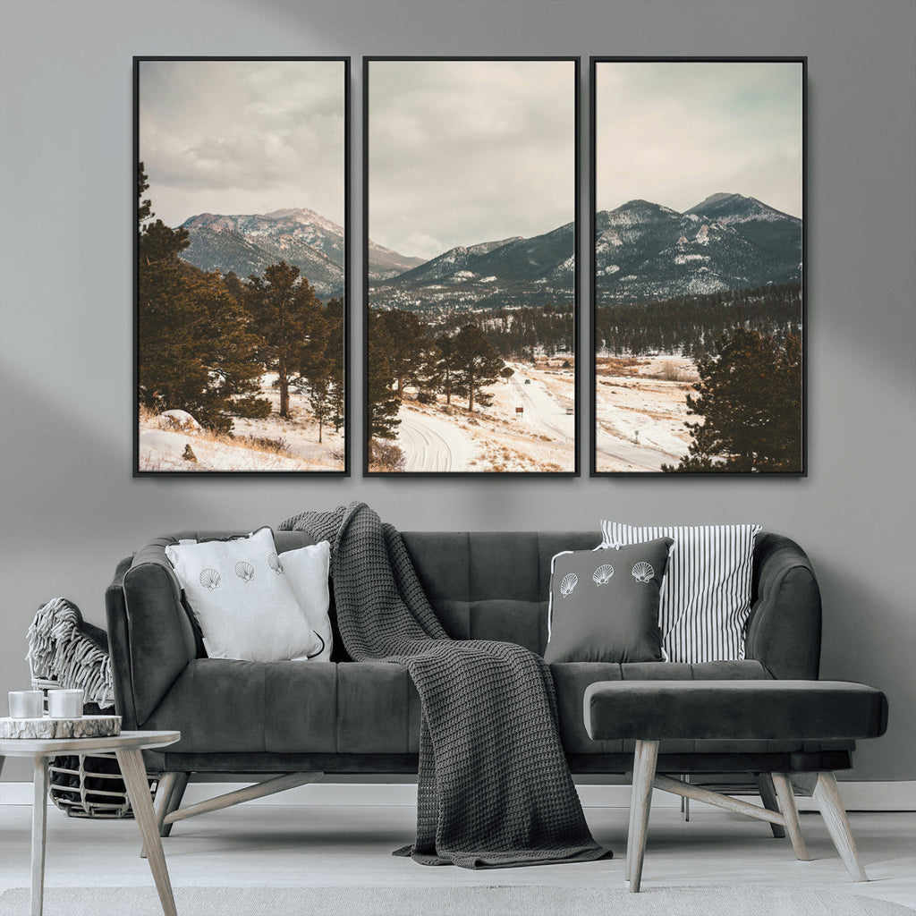 Mountain Landscape Wall Art Canvas Print, Framed Snowy Peaks Alpine Winter
