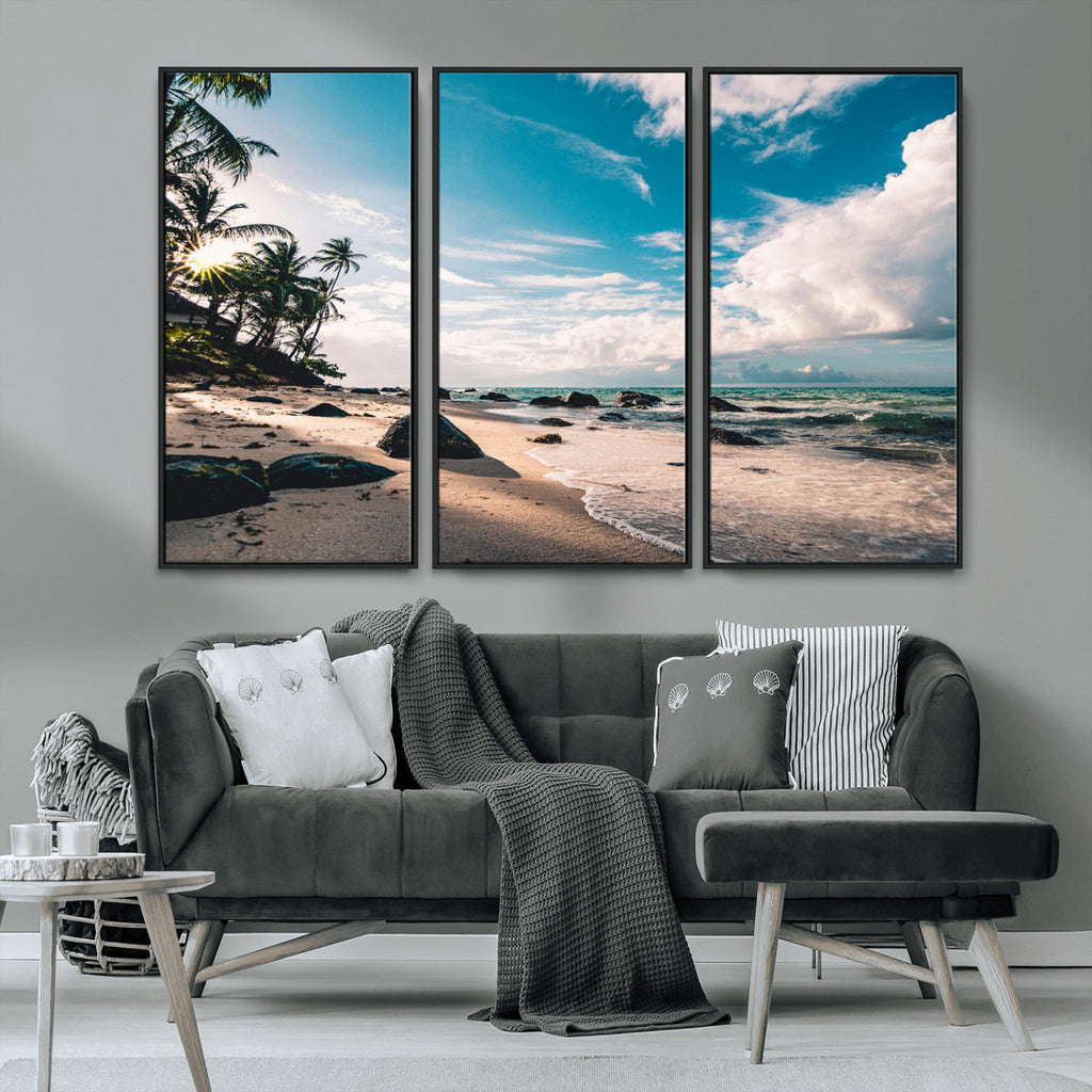 Tropical Beach Wall Art Canvas Print, Framed Ocean Waves Relaxing Seascape