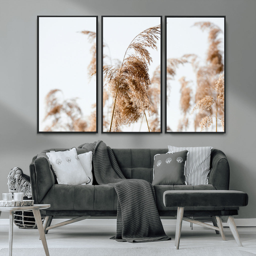 Pampas Grass Wall Art Canvas Print, Framed Neutral Tones Minimalist Boho