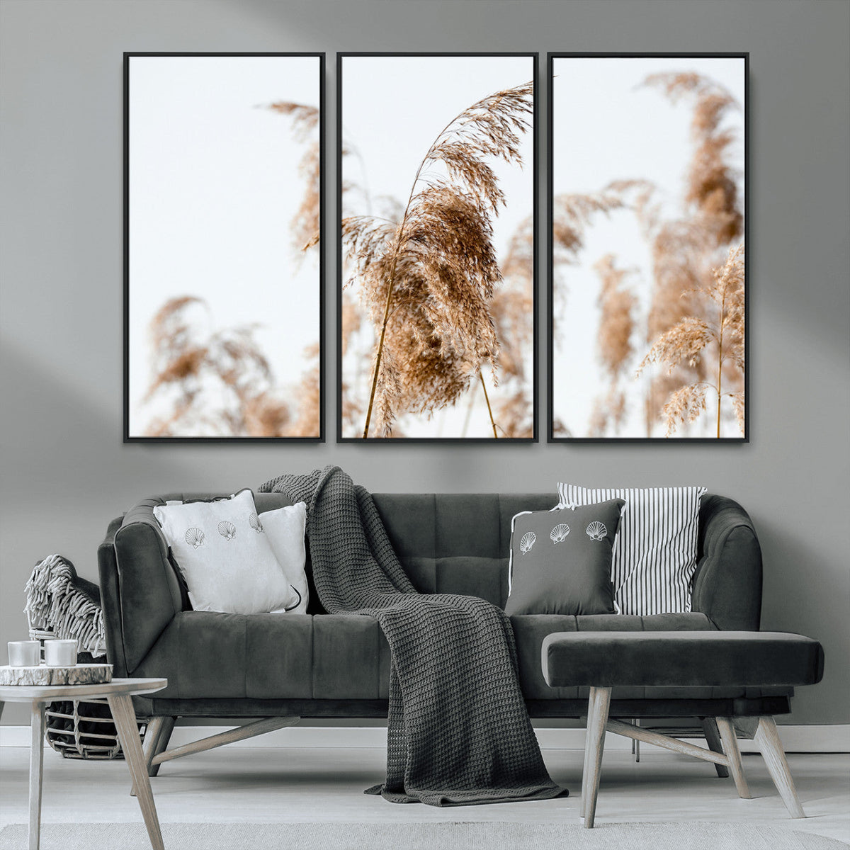 Pampas Grass Wall Art Canvas Print, Framed Neutral Tones Minimalist Boho