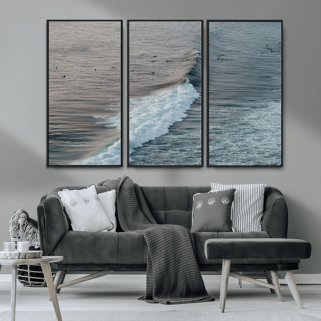 Ocean Waves Wall Art Canvas Print, Framed Coastal Serenity Surf Scene