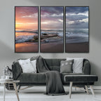 Golden Hour Wall Art Canvas Print, Framed Tranquil Waves Beach Sunset
