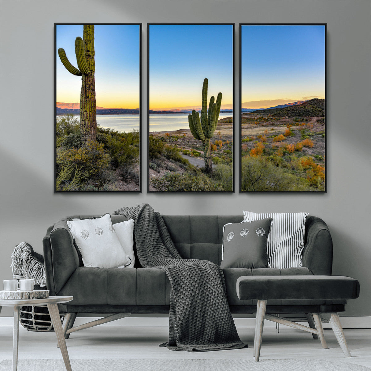 Saguaro Cactus Wall Art Canvas Print, Framed Desert Sunset Southwestern