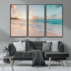 Beach Sunset Wall Art Canvas Print, Framed Ocean Waves Summer Escape