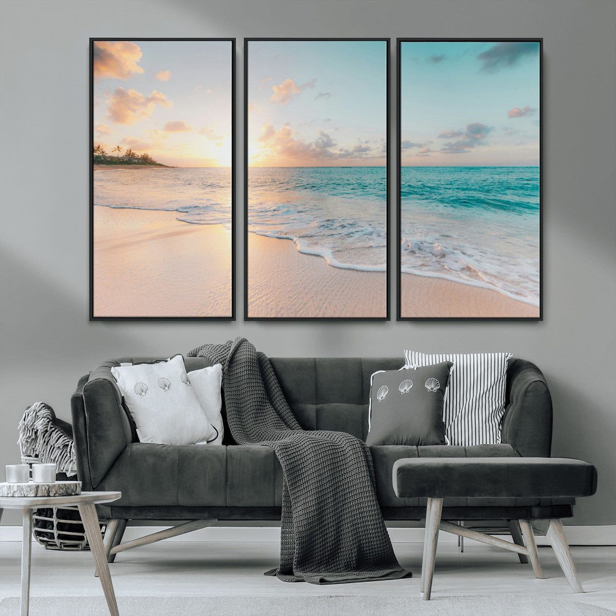 Beach Sunset Wall Art Canvas Print, Framed Ocean Waves Summer Escape