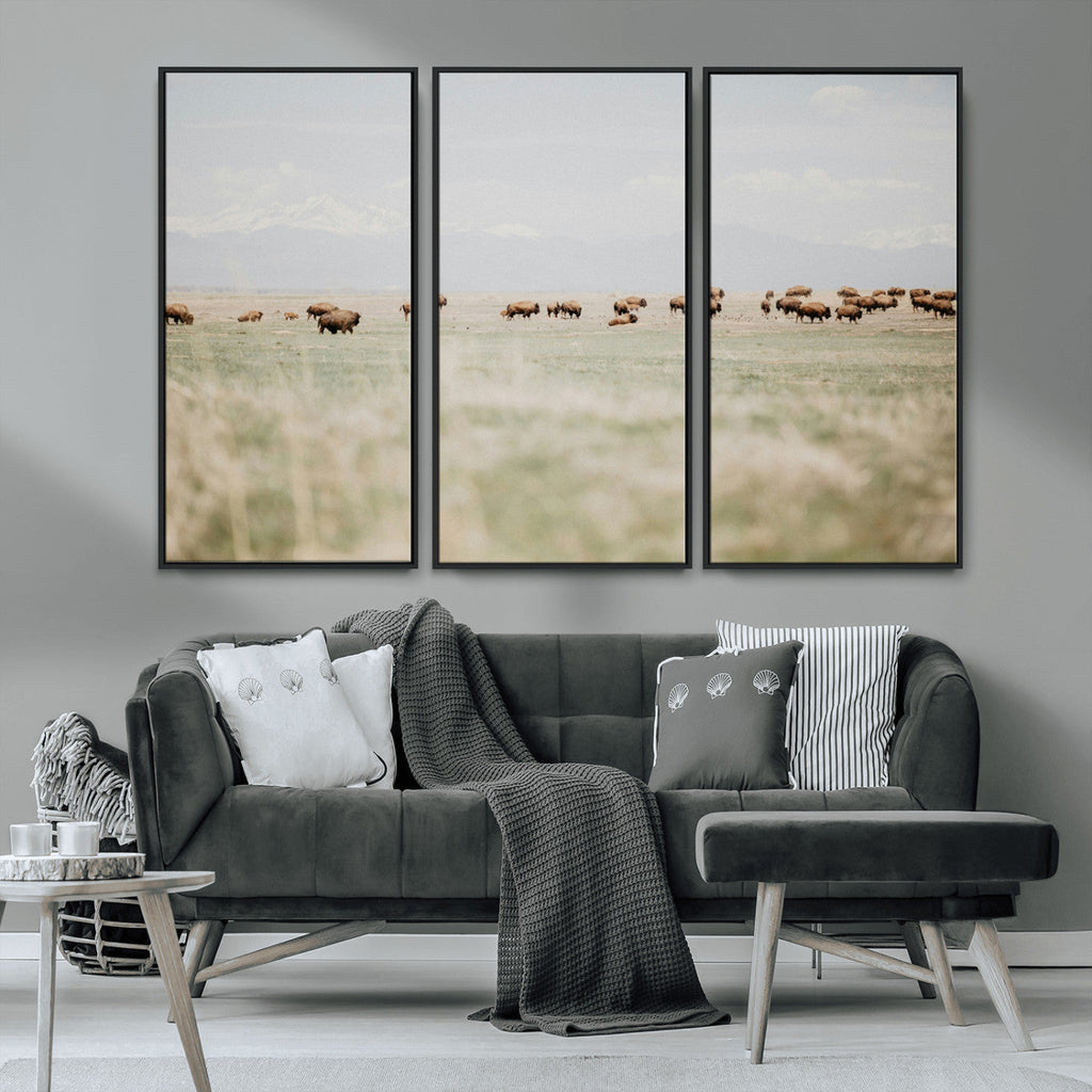 Bison Herd Wall Art Canvas Print, Framed Western Ranch Nature Scene