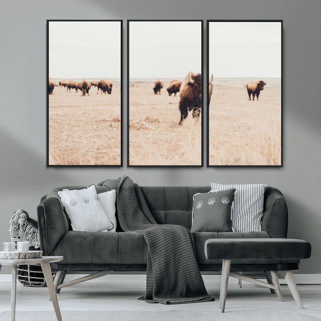 Bison Herd Wall Art Canvas Print, Framed Western Prairie Serenity