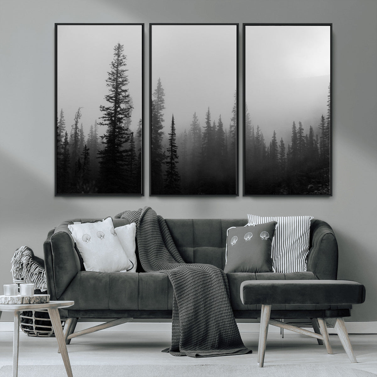 Misty Pines Wall Art Canvas Print, Framed Woodland Minimalist Black and White