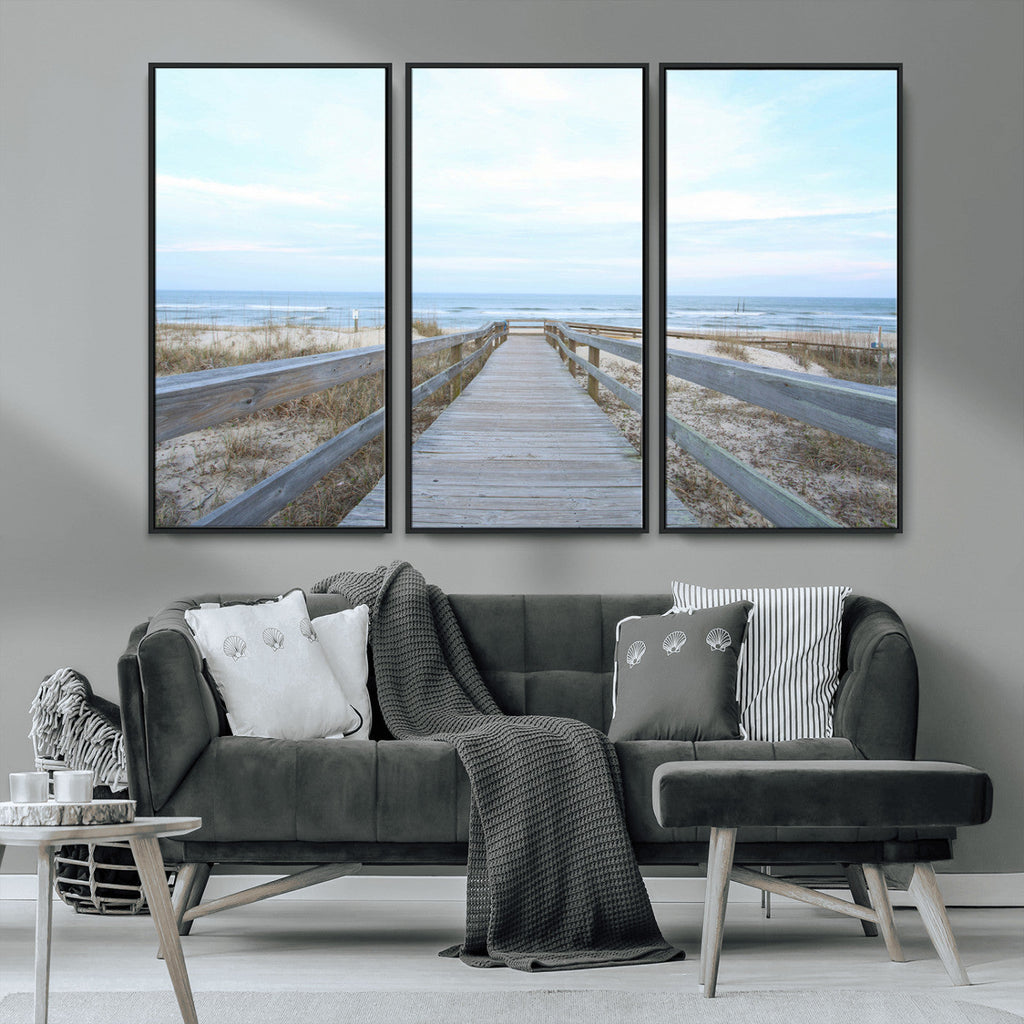 Beach Boardwalk Wall Art Canvas Print, Framed Coastal Serenity Ocean View