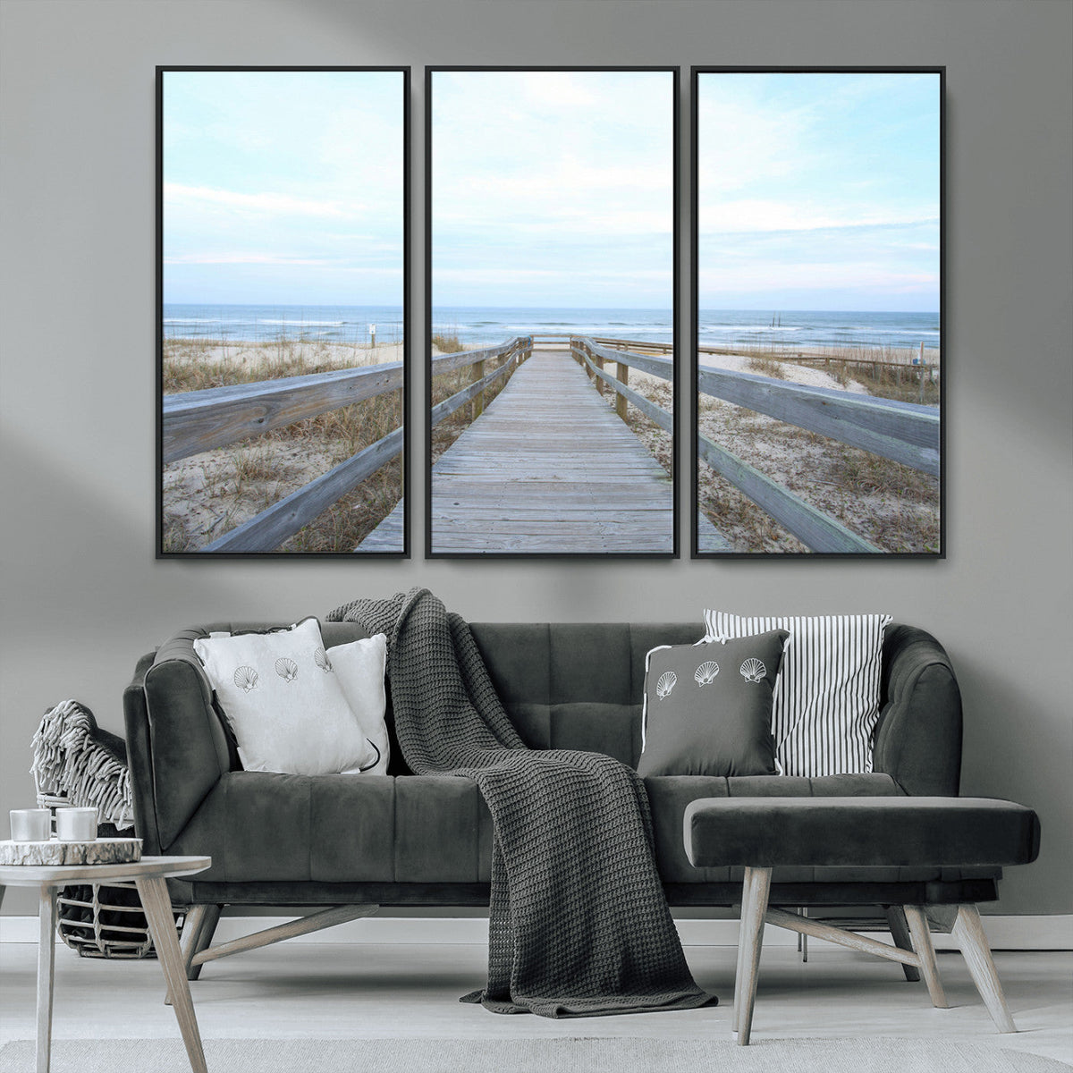 Beach Boardwalk Wall Art Canvas Print, Framed Coastal Serenity Ocean View