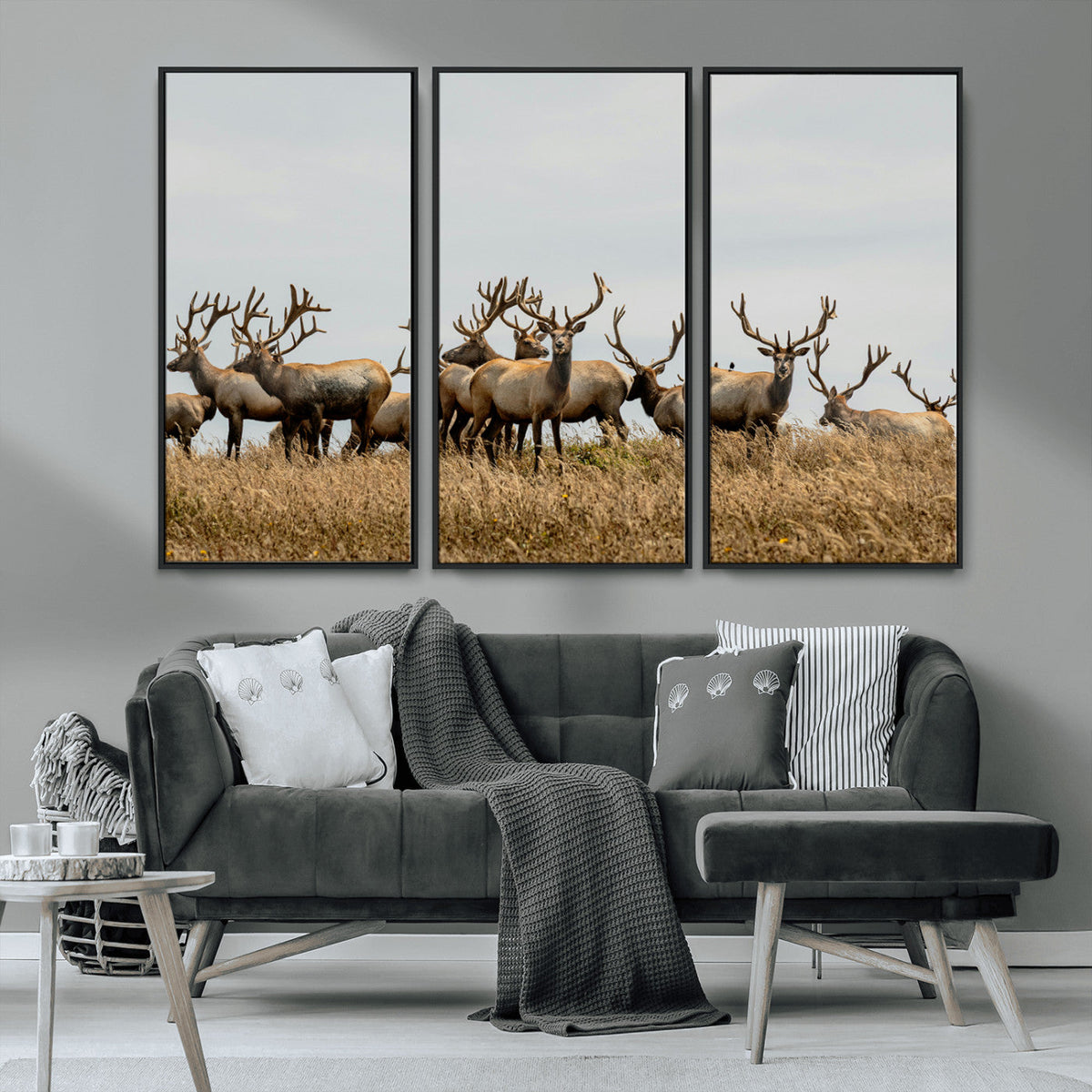 Elk Herd Wall Art Canvas Print, Framed Wildlife Photography Art, Majestic Antlers Rustic Wildlife Decor