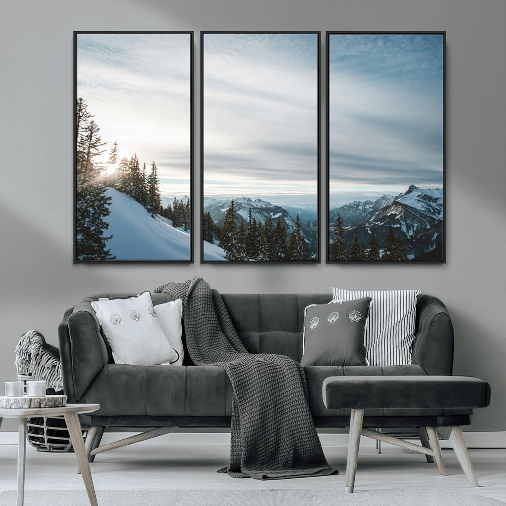 Snowy Mountains Wall Art Canvas Print, Framed Alpine Landscape Frosty Peaks Artwork