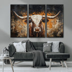 Abstract Longhorn Bull Wall Art Canvas Print, Vintage Western Texas Steer Artwork