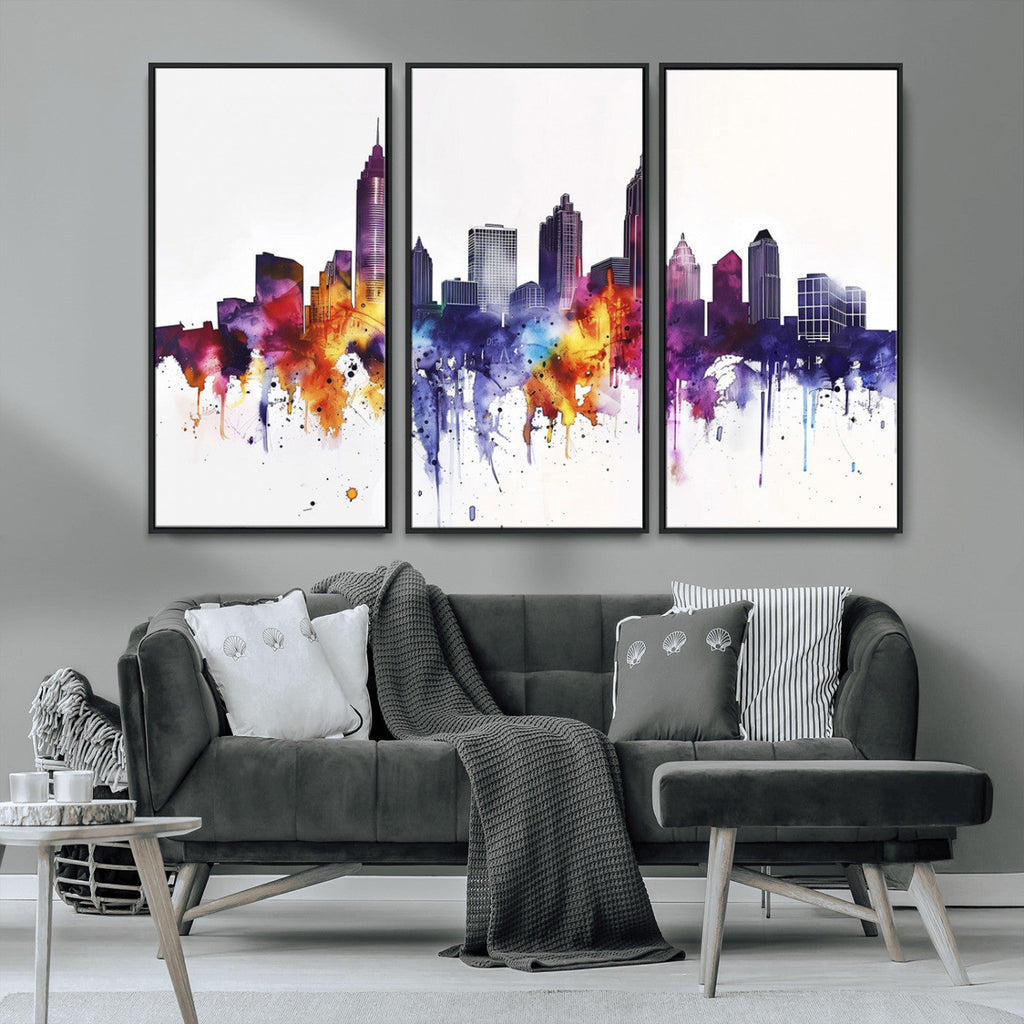 Atlanta Skyline Wall Art Canvas Print, Framed Colorful Watercolor Cityscape