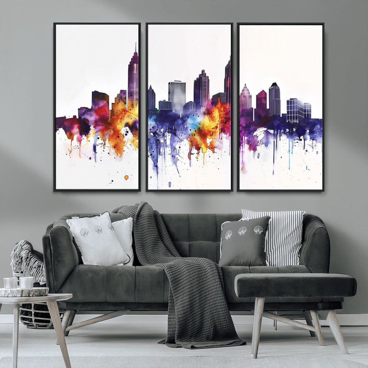 Atlanta Skyline Wall Art Canvas Print, Framed Colorful Watercolor Cityscape
