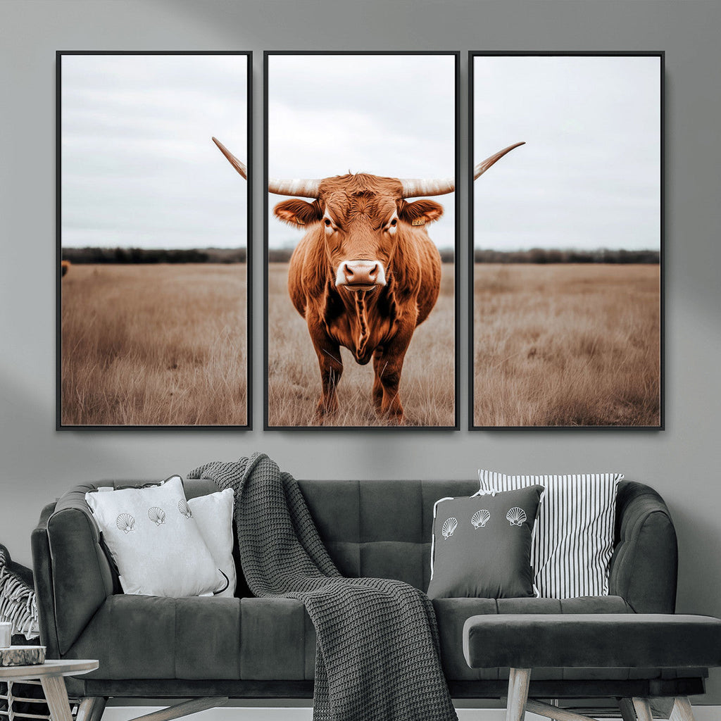 Longhorn Bull Wall Art Canvas Print, Framed Rustic Decor