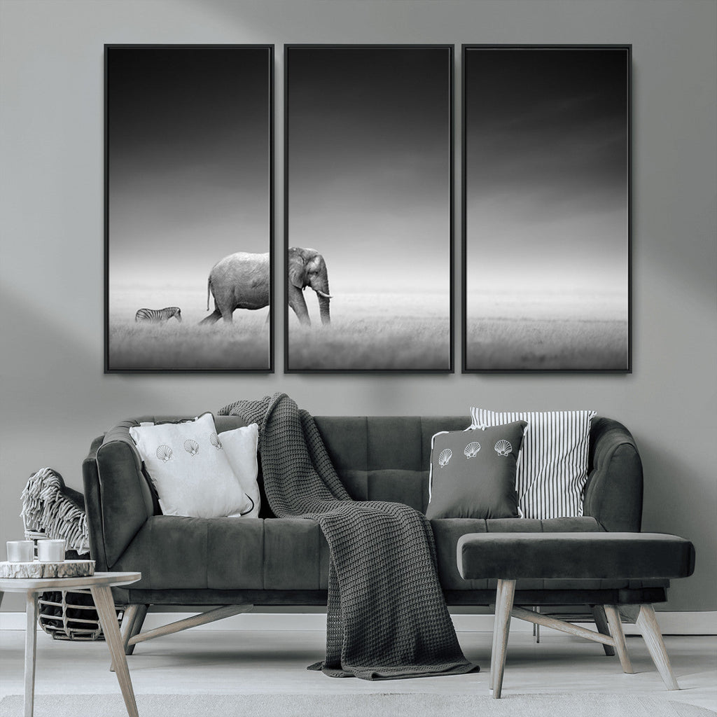 Elephant and Zebra Wall Art Canvas Print, Modern Artwork