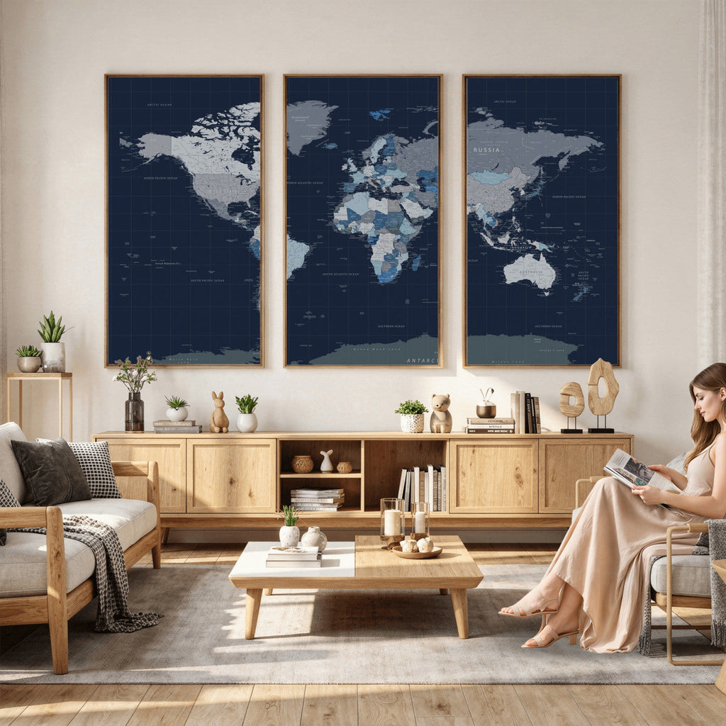 Blue Detailed World Map Wall Art Canvas Print | Modern Framed Map