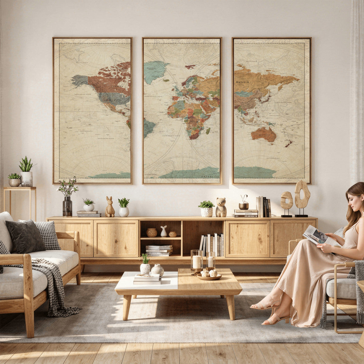 Vintage World Map Canvas Wall Art Print | Framed Modern World Map