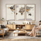 Custom Beige Modern Push Pin World Map Canvas Print, Places Visited Tracker, Bedroom and Study Decor