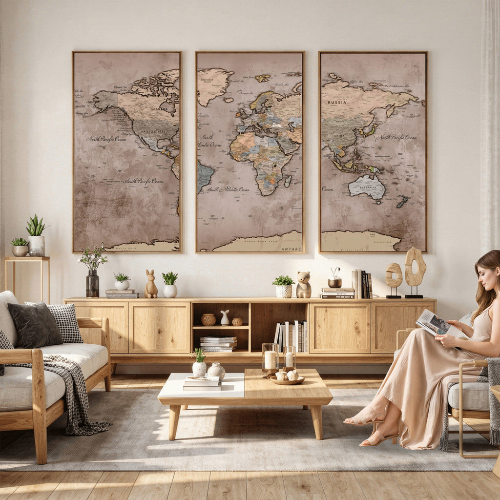 Grunge World Map Canvas Wall Art - Vintage Aged World Map with Golden Tones