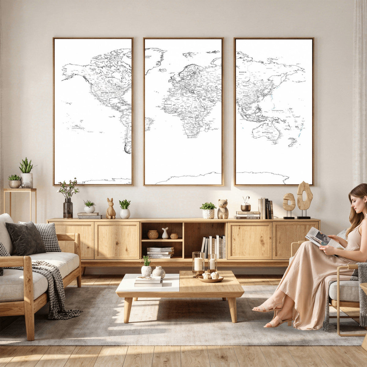 World Map Canvas Print, Framed Modern Detailed Map of the World for Home or Office