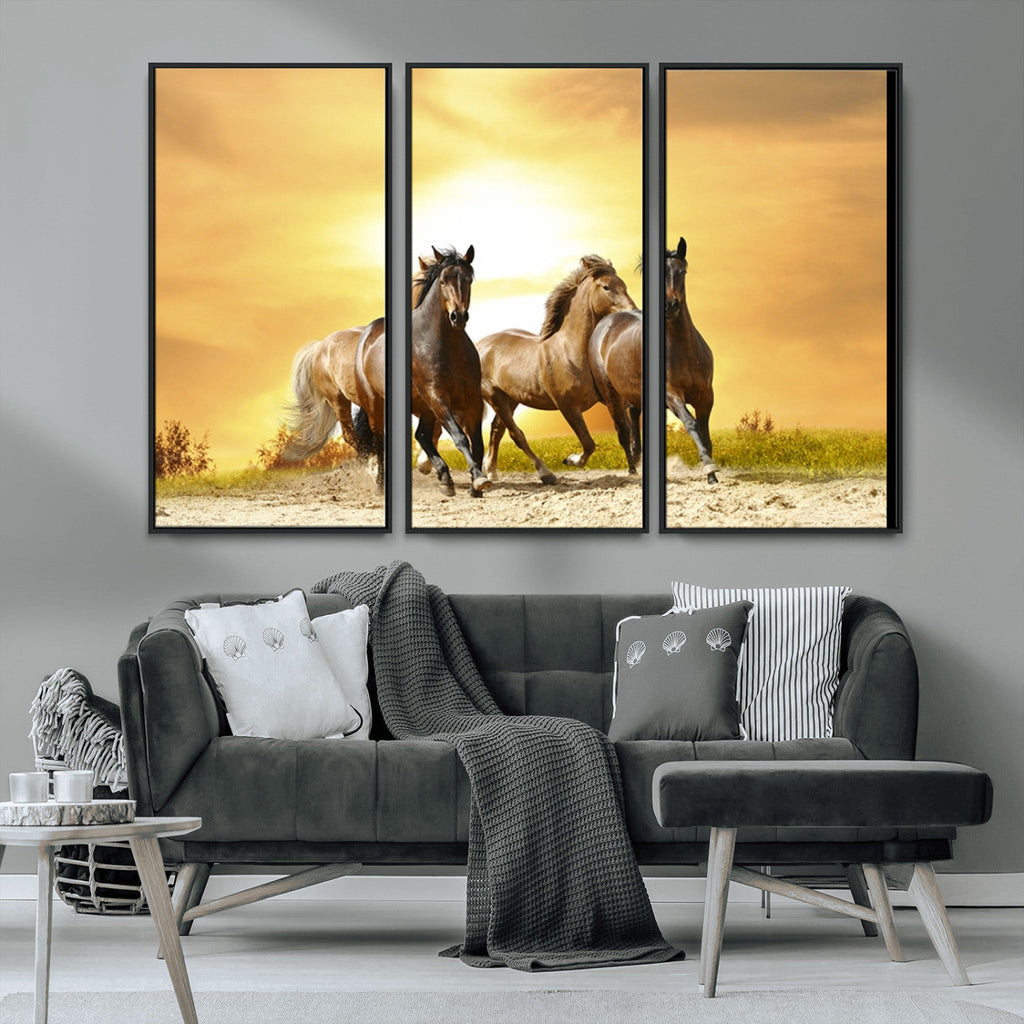 Wild Horses Wall Art Canvas Print, Framed Galloping Herd