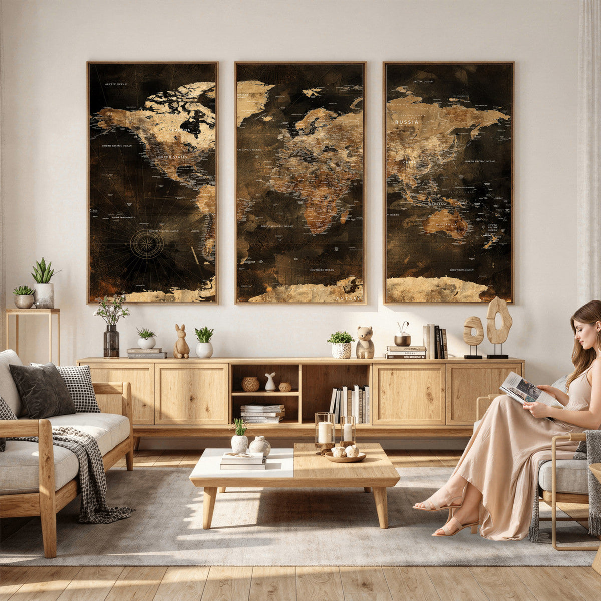 World Map Canvas Print, Modern Decorative Framed Map Artwork