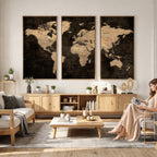 Brown World Map Canvas Print | Modern Travel Map Wall Art