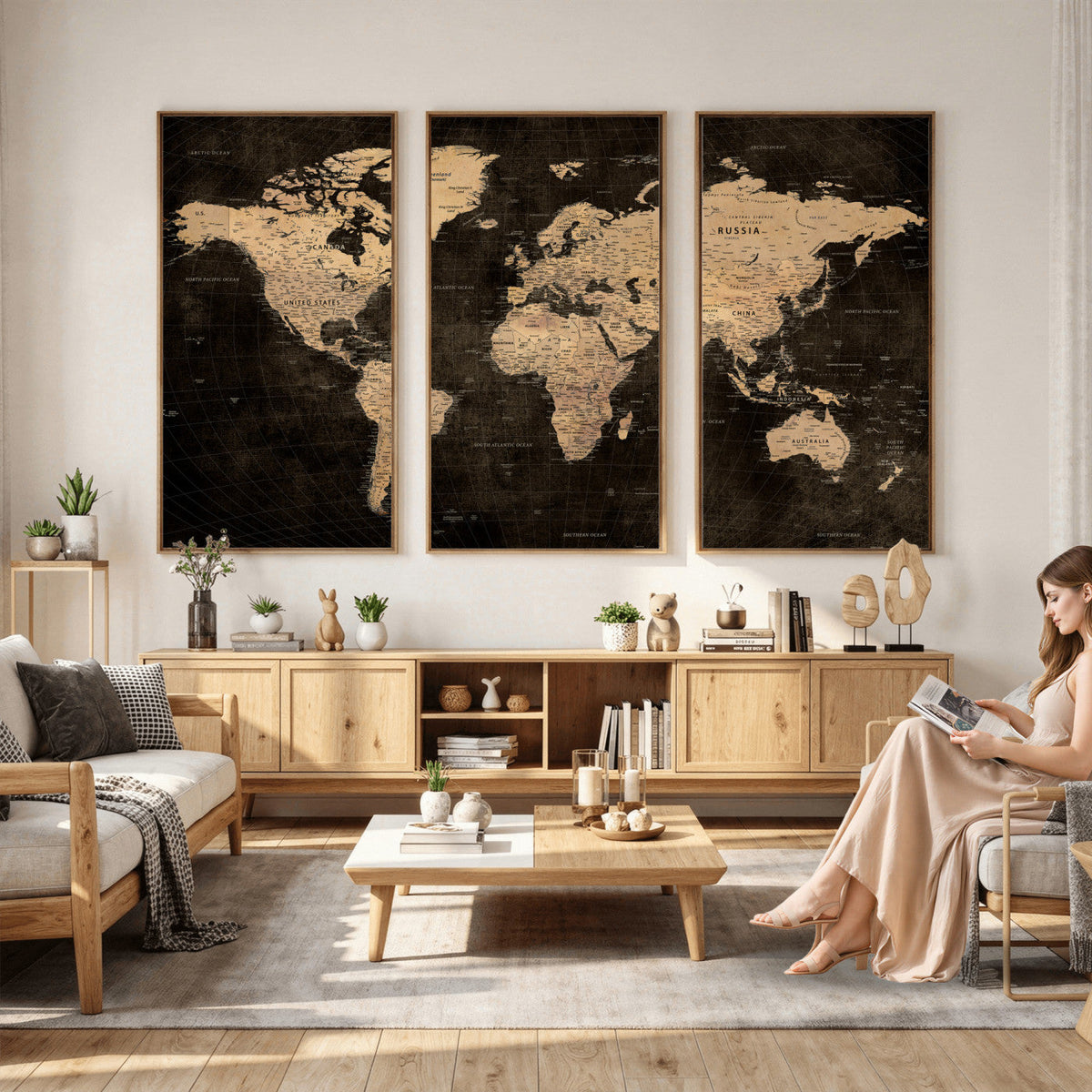Brown World Map Canvas Print | Modern Travel Map Wall Art