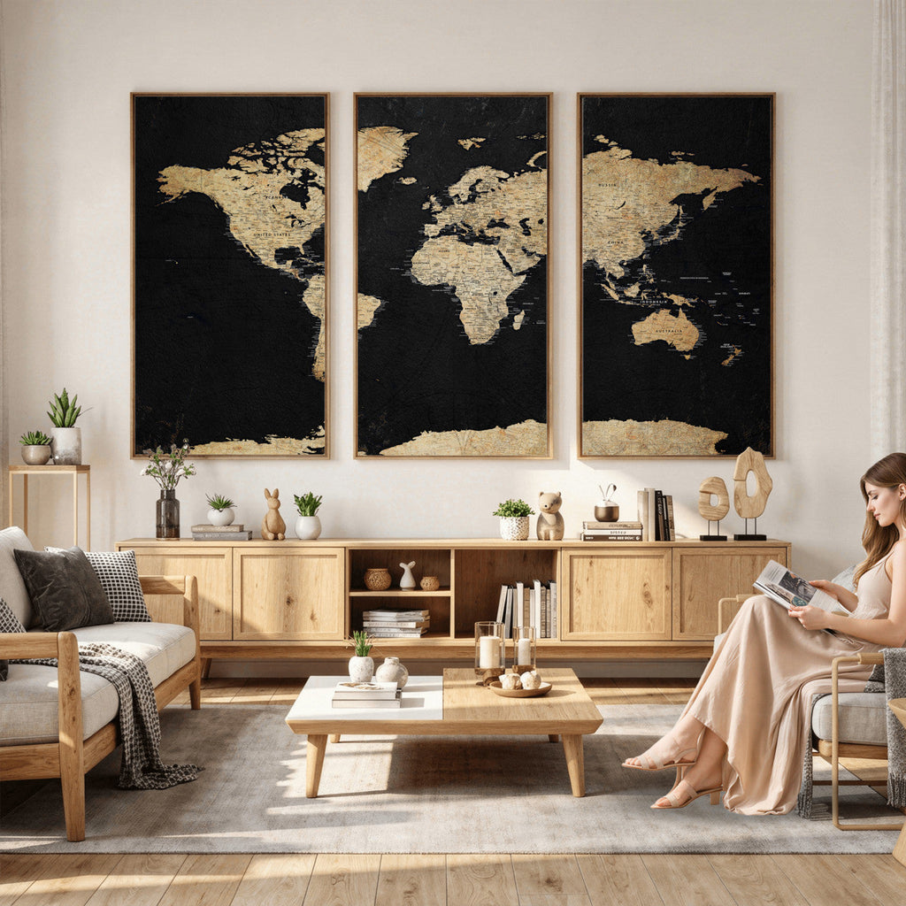 Beige World Map Canvas Wall Art Print, Minimal Black and Beige Map