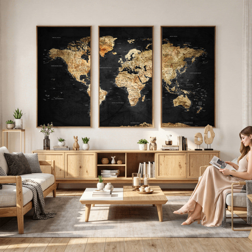 World Map Canvas Wall Art with Famous Landmarks | Framed Travel Map