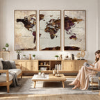 World Map Canvas Triptych | Colorful Global Wall Art for Living Rooms
