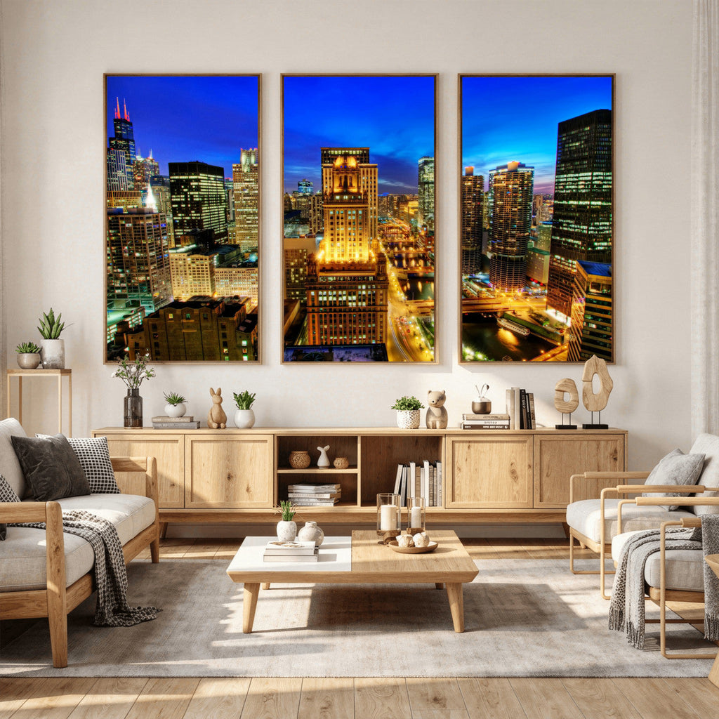 Chicago Wall Art Canvas Print - Chicago City Downtown Night Cityscape