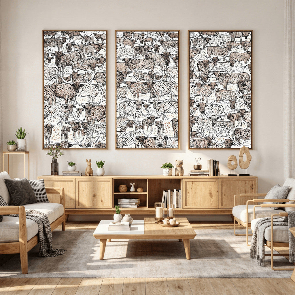Abstract Texas Cow Wall Art Canvas Print, Farm Longhorn Art for Cabin Decor