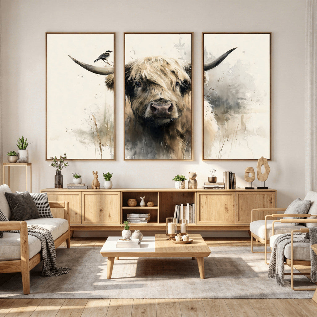 Abstract Highland Cow Wall Art Canvas Print, Rustic Farm Cattle Portrait