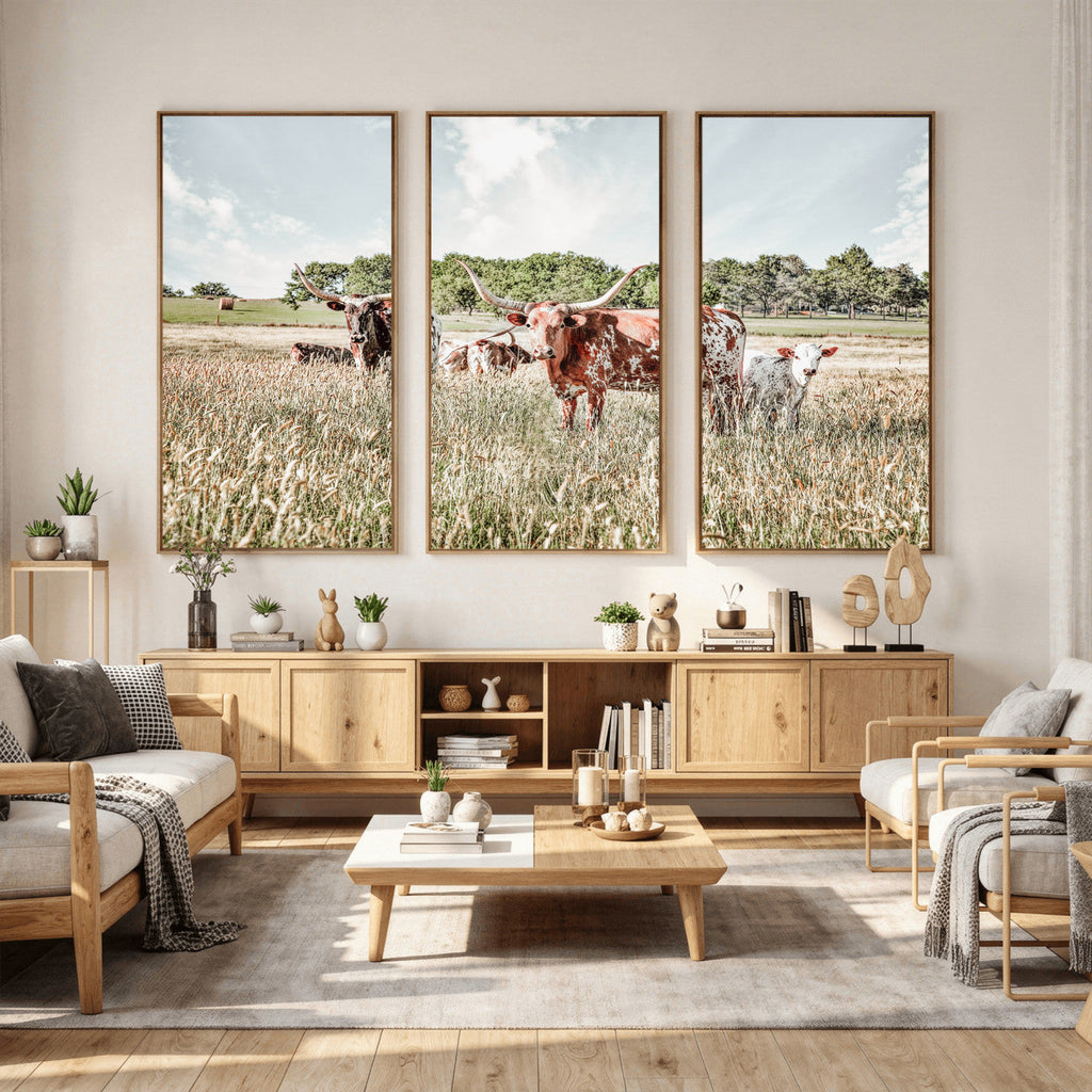 Texas Longhorn Cattle Wall Art Canvas Print, Western Ranch Landscape Decor