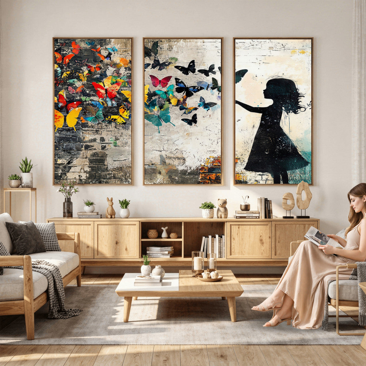 Banksy Butterfly Girl Wall Art Canvas Print, Framed Street Art