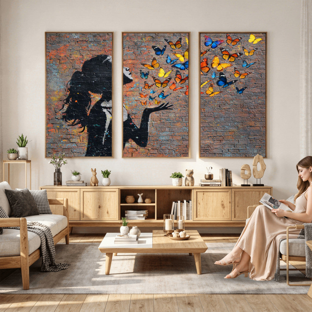 Urban Banksy Butterfly Girl Wall Art Canvas Print, Framed