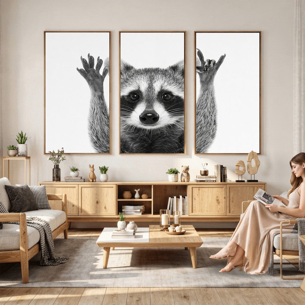 Funny Raccoon Canvas Wall Art, Black White Hands Up Animal Photo Print