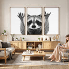 Funny Raccoon Canvas Wall Art, Black White Hands Up Animal Photo Print