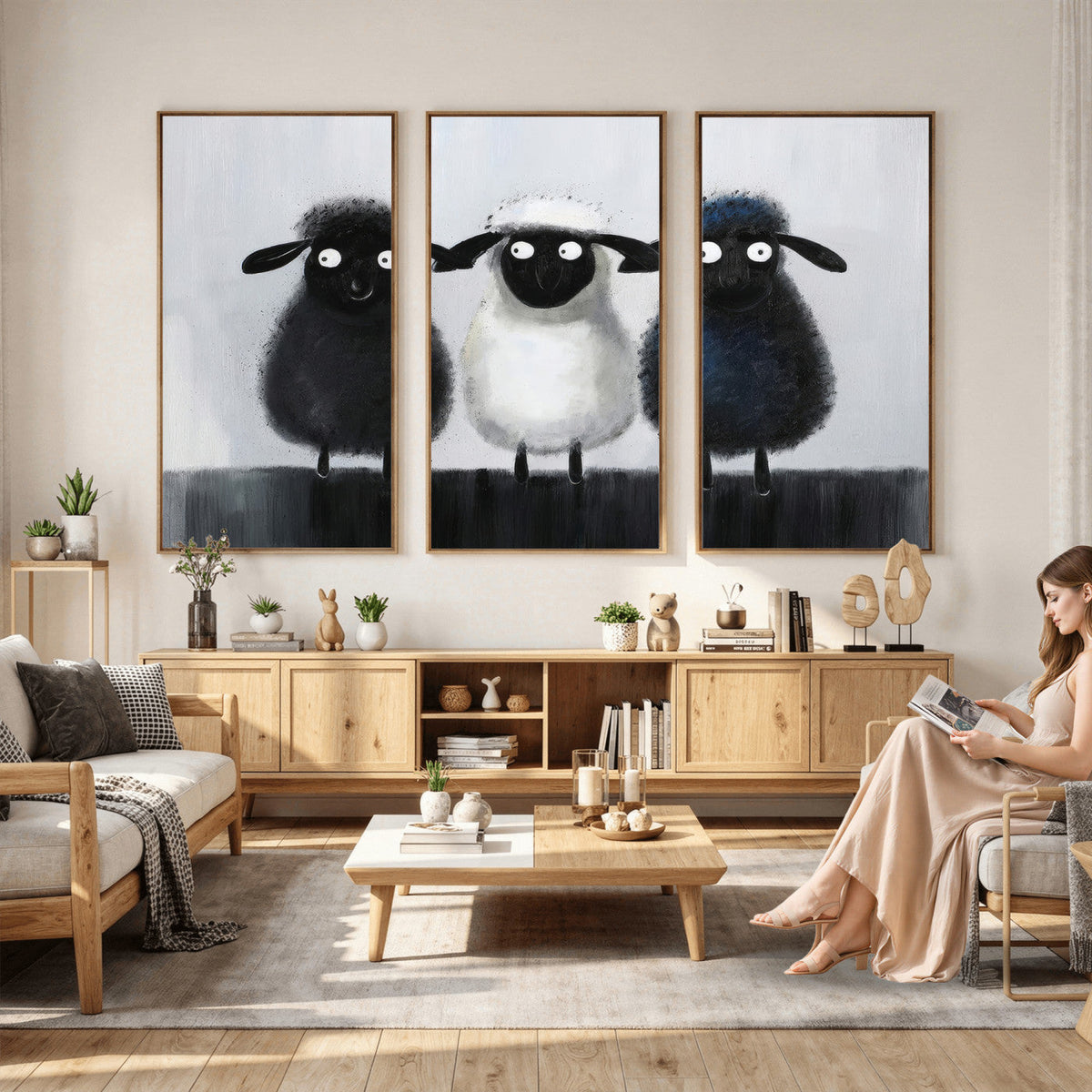Funny Sheep Canvas Wall Art, Three Quirky Sheep Painting Print, Cute Nursery Decor