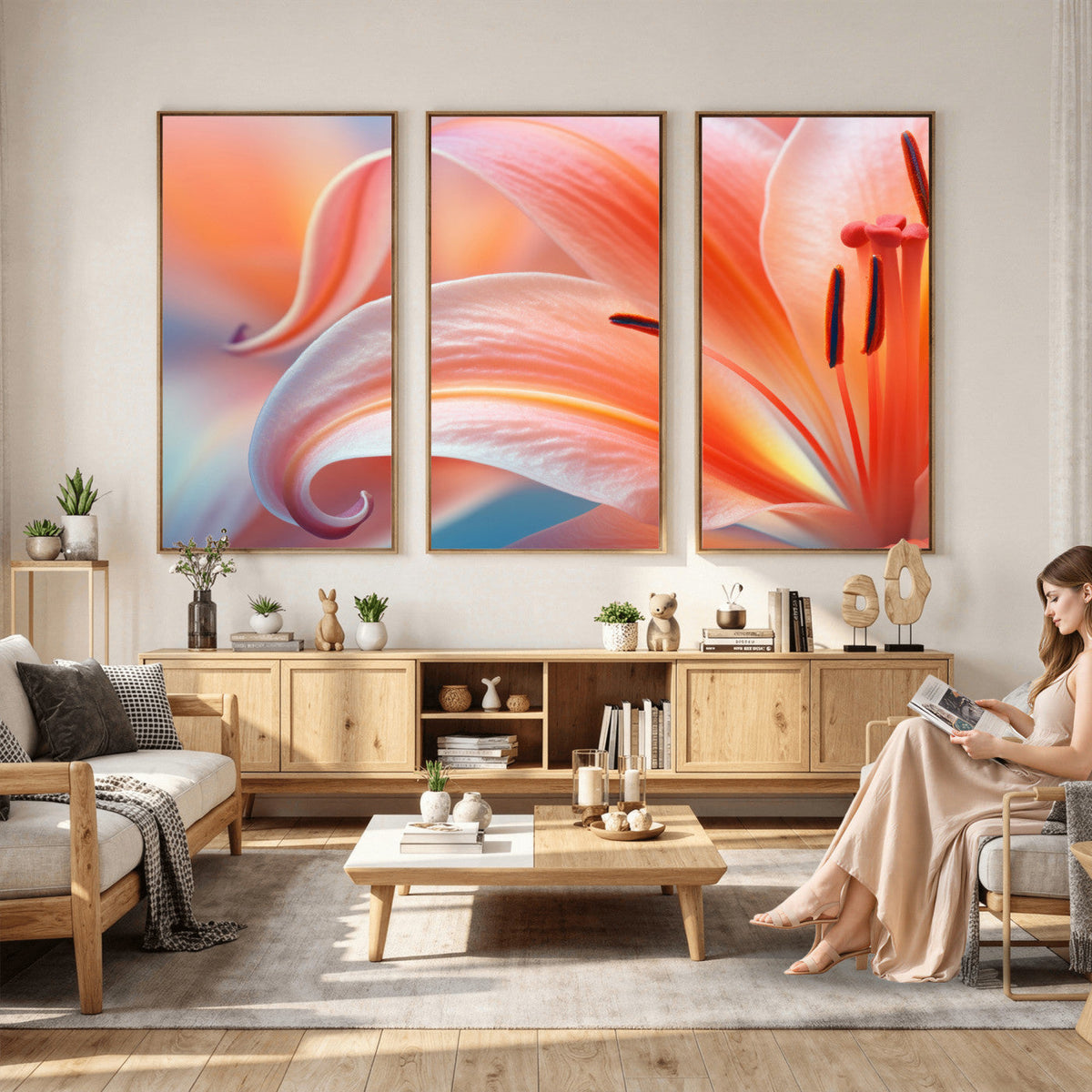 Peach Lily Canvas Wall Art, Coral Pink Flower Macro Photo Print, Botanical Decor
